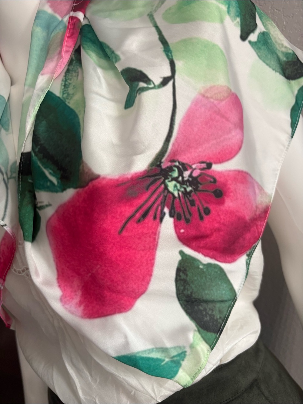 Floral Pink & Green Silk-Feel Neck Scarf - Picture 2 of 4